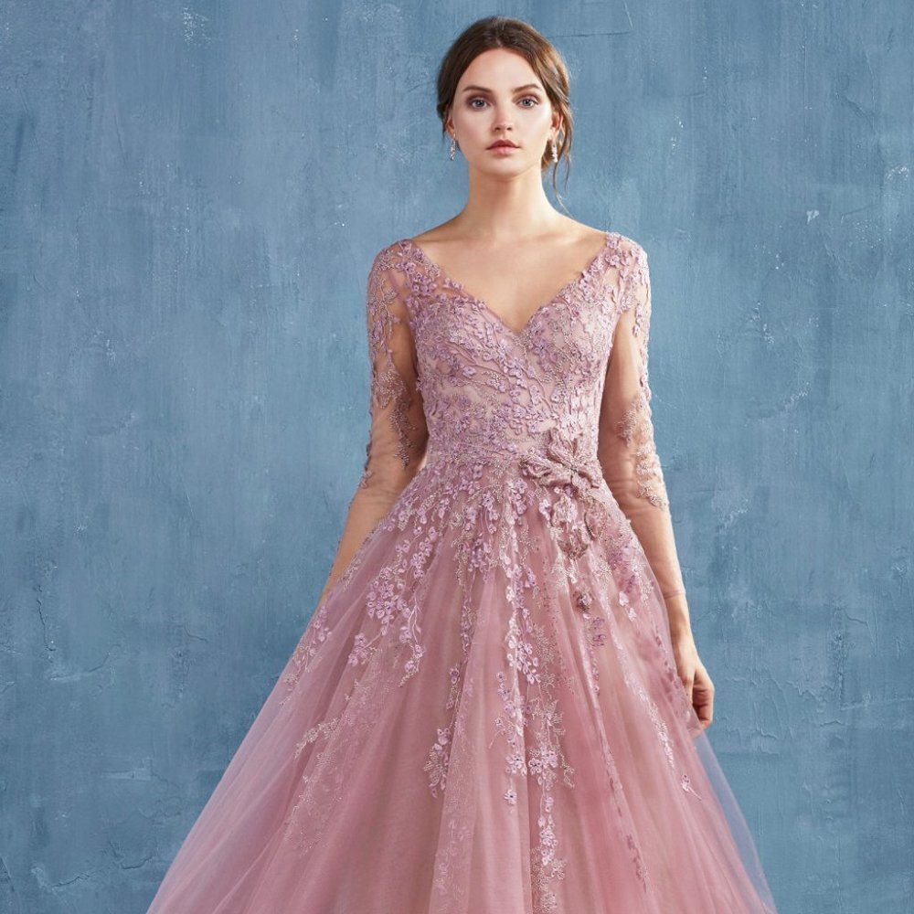 NEW LONG SLEEVE V-NECKLINE CHERRY BLOSSOM TULLE A-LINE GOWN WITH ZIPPER A0988